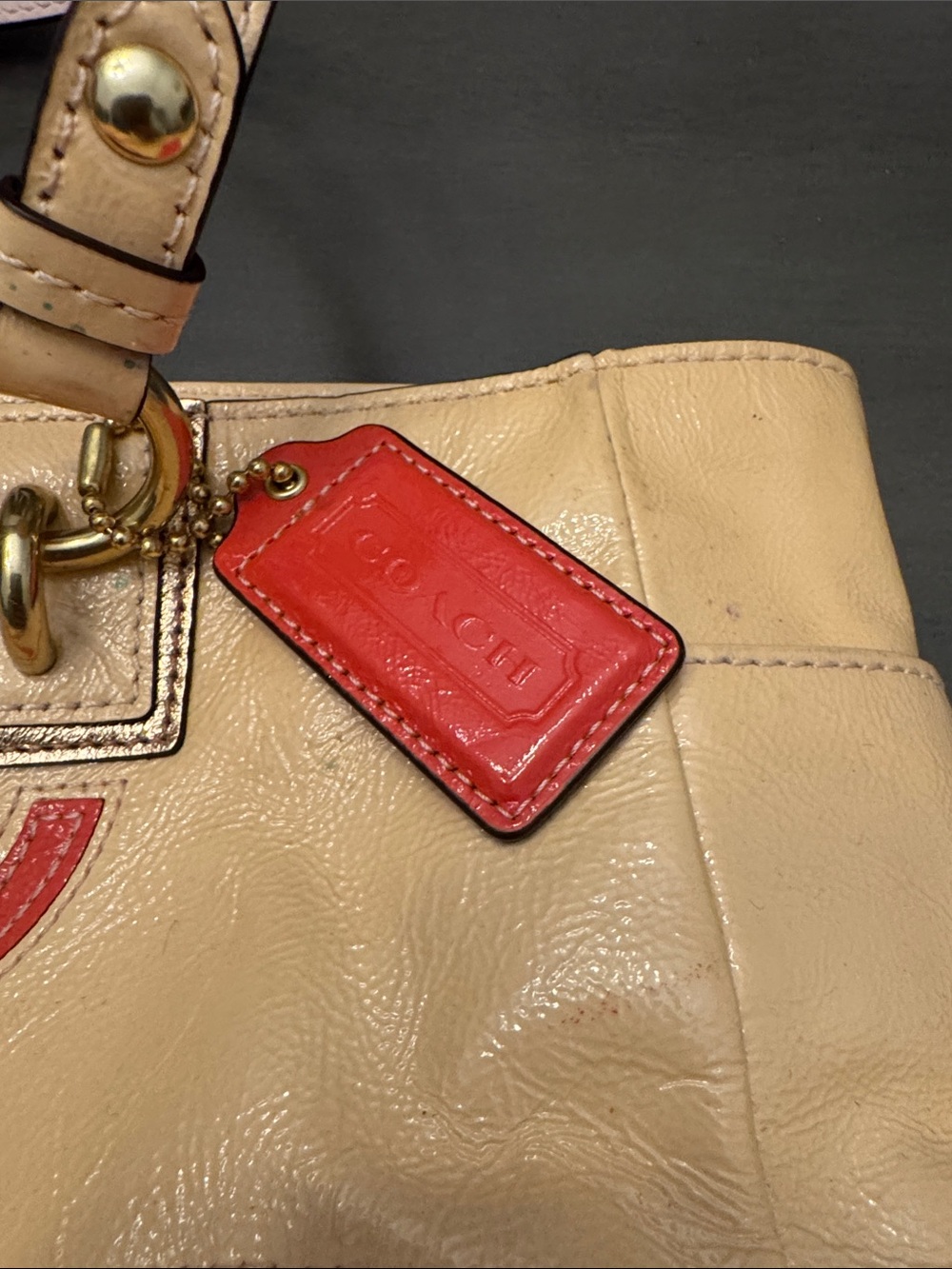 Coach Beige Leather Patchwork Tote with Coral and Tan Accents - Picture 2 of 7